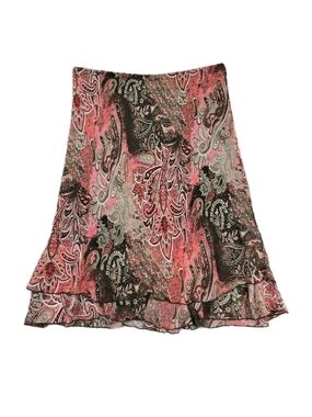 Pink Brown Paisley Midi Skirt Tiered Pull On Elastic Waist Fairy Grunge Flowy